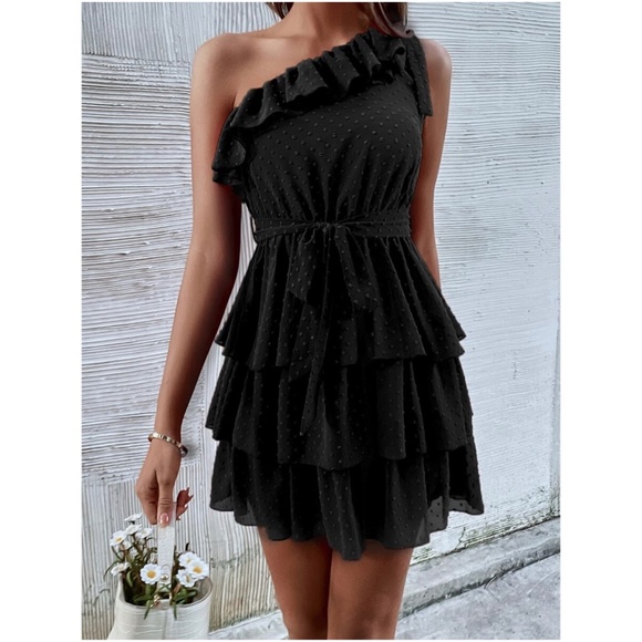 Boho Swiss dot One Shoulder Ruffle Mini Dress - Picture 3 of 13